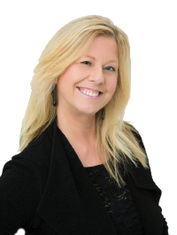 A woman with blonde hair and black shirt smiling.